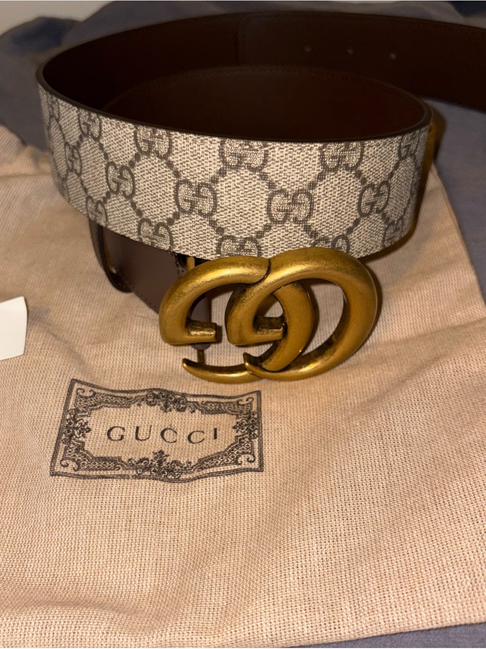 Gucci Beige GG Supreme Canvas Leather Belt with Gold Double G Buckle